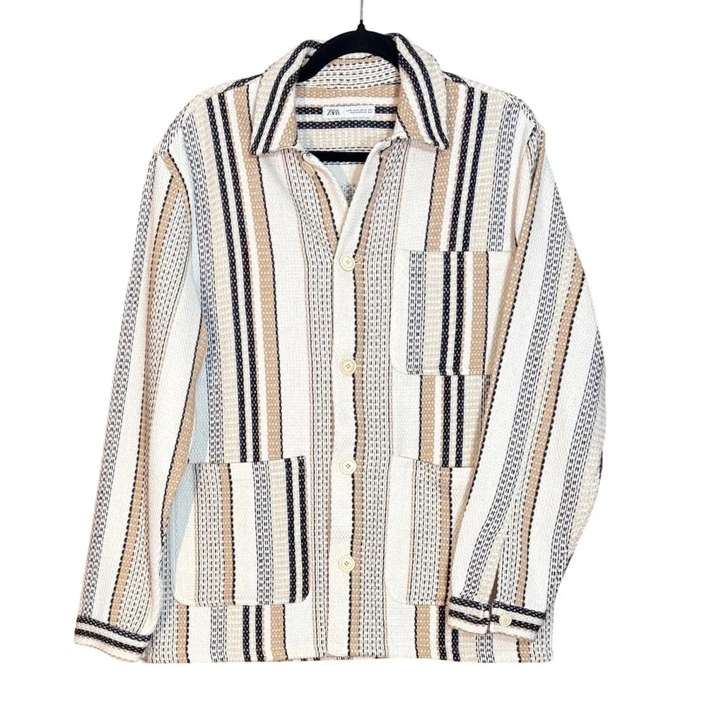 ZARA Mens Striped Button Up Shacket M Chore Style Versatile Made in Morocco - Picture 1 of 12